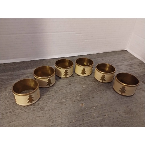 Set Of 6 Christmas White Enameled Napkin Rings With Tree - Picture 3 of 5